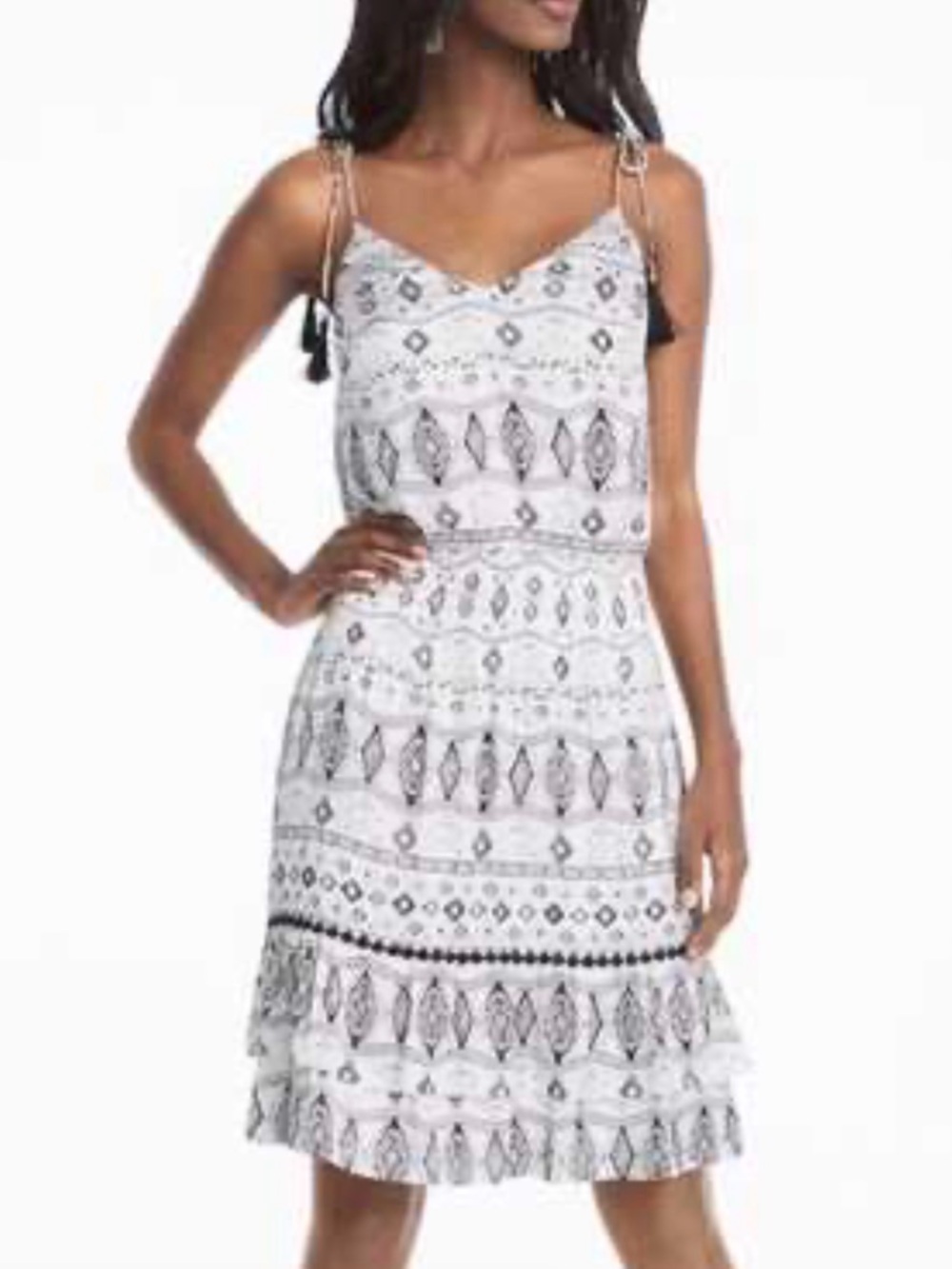 WHBM | Tassel Spaghetti Strap Print Tiered Dress